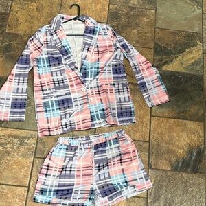 Stylish Plaid Women's Blazer and Shorts Set - Pink, Blue, and White